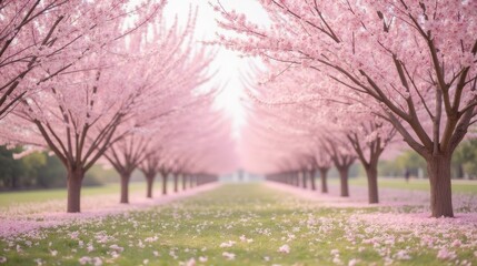 Fototapeta premium Serene Pathway Surrounded by Blooming Pink Cherry Blossom Trees