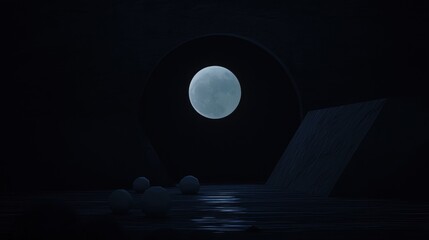 Dark and eerie scene with a full moon in the background. the moon is partially visible in the center of the image, with a dark archway on the right side.