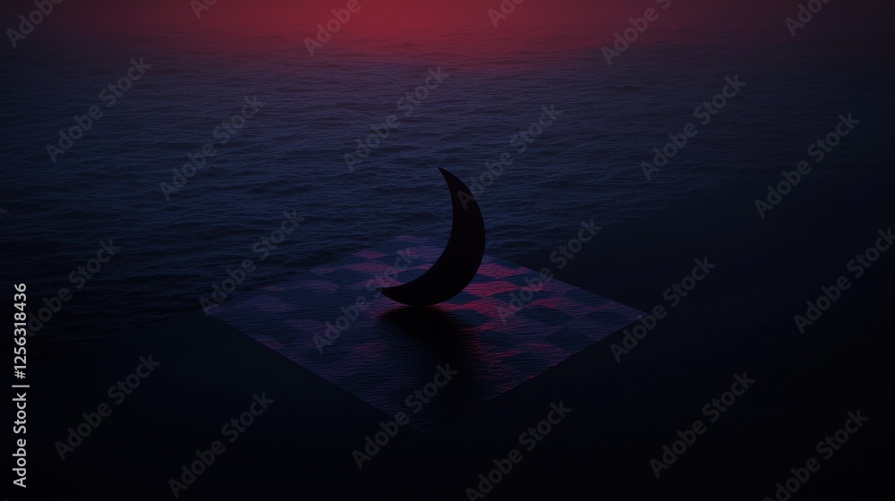Poster digital art piece that appears to be a photograph of a crescent moon floating on the surface of the 