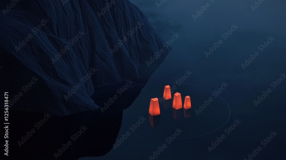 Poster digital illustration of a dark blue background with a large rock on the left side. the rock appears 