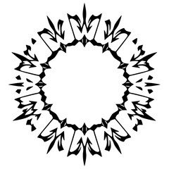 Black and white digital symmetrical artwork featuring a circular frame-like design, with a modern, sharp look.