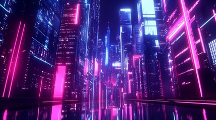 Neon Cityscape 4K Loop Animation With Futuristic Skyscrapers Illuminated by Pink and Blue Neon Lights Creating a Cyberpunk Vibe