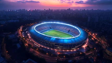 Papier peint photo  Aerial Perspective of Oval Sports Stadium With Glowing Lights During Nighttime Event Depicting Energy, Excitement, and Modern Design  © DruZhi Art