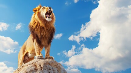 Roaring lion on rock african savanna wildlife photography open sky majestic viewpoint animal kingdom