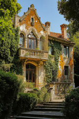 A large stone building with ivy growing on the side of it