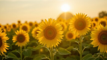 Fototapeta premium Sunflower Field at Sunrise with Warm Golden Light in Background