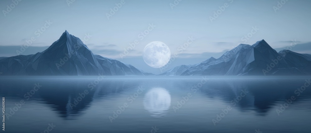 Poster digital illustration of a beautiful landscape with a full moon in the background. the sky is a deep 