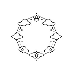 Celestial Dreamscape: A stylized hexagonal frame with stars, clouds, and sparkling detail, in a minimalist style.