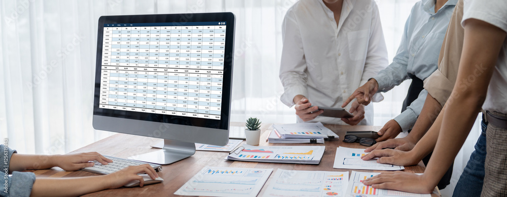 Poster Accounting software on computer screen showing financial statement spreadsheets and account balance of corporate business offer accountant a fine calculation accounting brisk