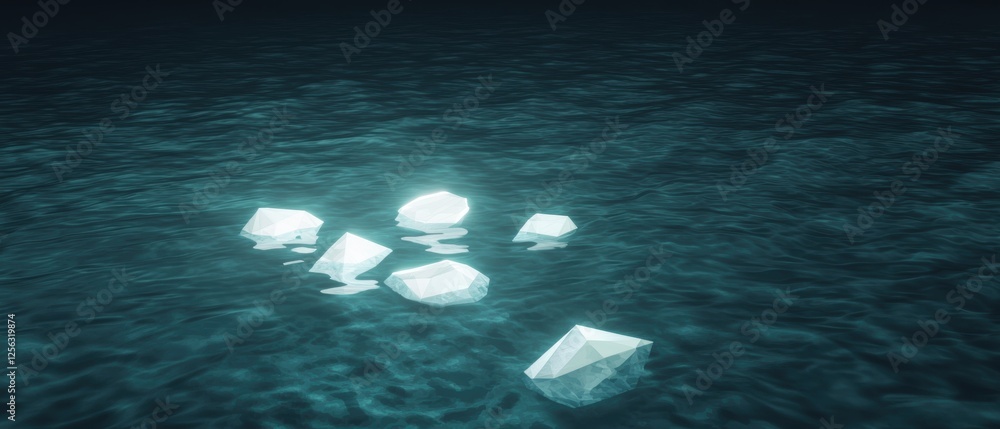 Poster group of six white ice cubes floating on the surface of the water. the ice cubes are arranged in a s