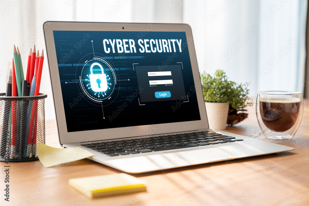 Poster cyber security system on computer screen protect private information snugly from hacker and cyber at