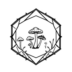 Detailed illustration of mushrooms and plants within a geometric frame.