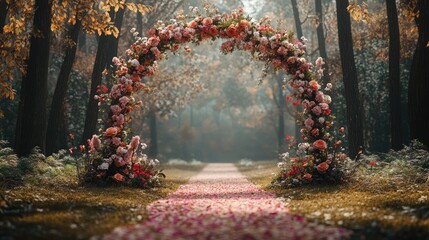 Peach floral archway in a forest setting for a wedding ceremony, peach, floral, archway, forest, wedding, ceremony, outdoor