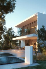 Modern sustainable architecture with solar panels in serene natural setting