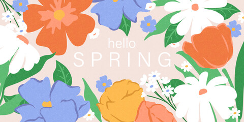 Spring flowers. Holiday card, background, wallpaper, banner. Bright colorful botanical pattern. 