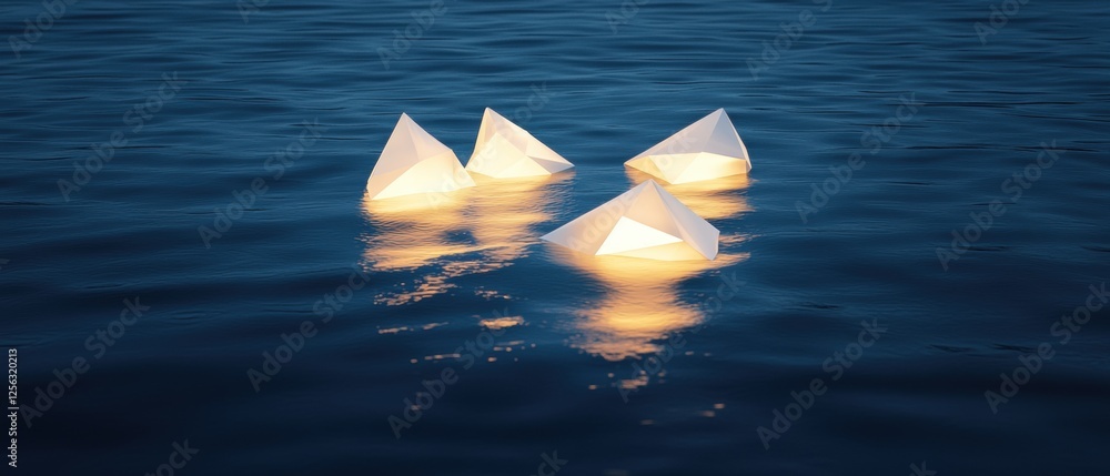 Poster four white paper boats floating on the surface of the water. the boats are arranged in a triangular 