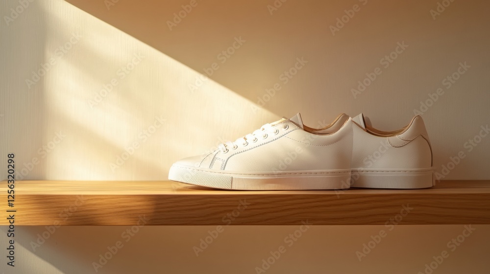 Poster stylish sneakers delightfully arranged on a minimalist shoe shelf in a serene and bright space. gene