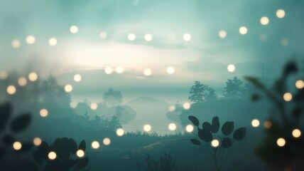 Fototapeta premium A serene landscape featuring a foggy lake surrounded by trees, illuminated by soft, glowing orbs that create an enchanting atmosphere.