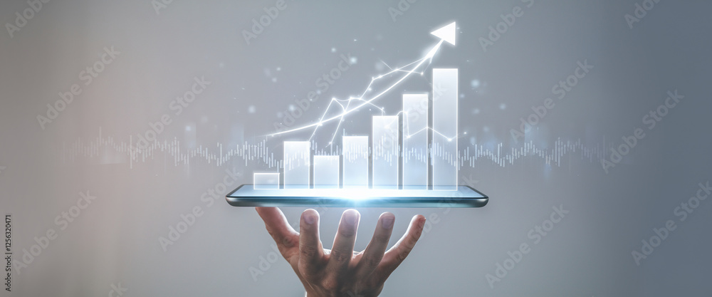 Poster a hand holding a smartphone displaying a futuristic graph with rising bars and an upward arrow, symb