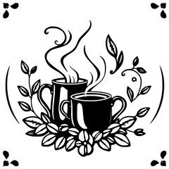 Two mugs of hot drinks and floral arrangement.