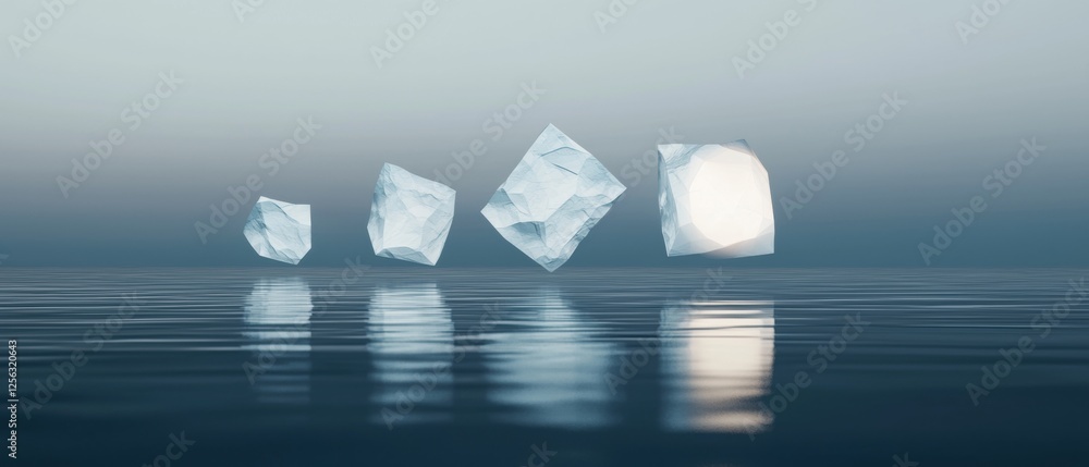 Aufkleber three large, crystal-like objects floating on the surface of a body of water.