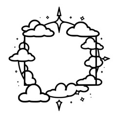 Cloud Frame with Starry Border: A Whimsical and Circular Celestial Black and White Illustration.