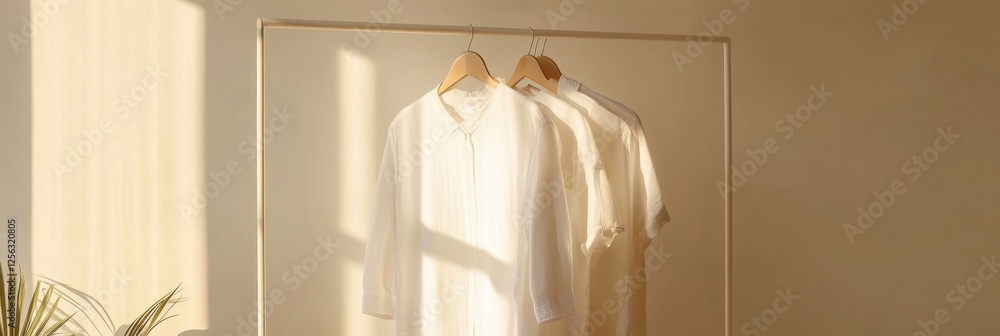Poster minimalist clothing rack showcasing neatly arranged garments in warm sunlight. generative ai