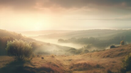 Misty Sunrise Over Rolling Hills