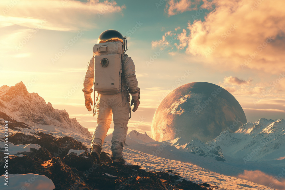 Poster astronaut exploring a new planet with snowy mountains and a large planet in the background during a 