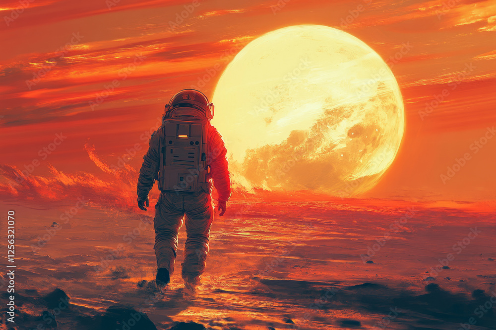 Poster astronaut walks on an alien planet with a large glowing planet visible in the sky