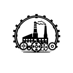 Black and white industrial factory with gears and a cogwheel frame, with a simplified stylized graphic style, white background.