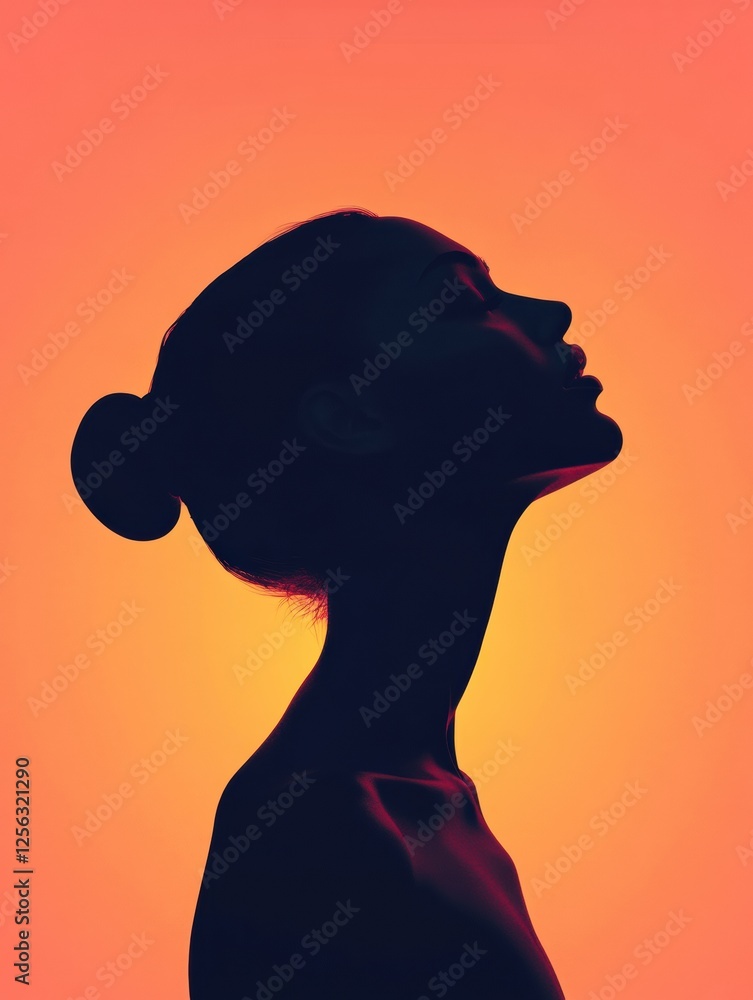 Aufkleber Model silhouette illuminated by glowing sunset with minimalist design for text placement. Generative AI