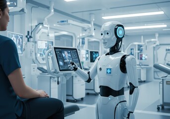 Obraz premium Futuristic robot performing surgery in modern operating room. Advanced medical technology in healthcare. Innovative AI in surgery for precision and efficiency.Keywords: