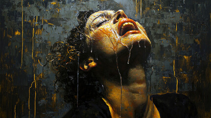 Emotional portrait of a woman with tears streaming down her face against a textured background