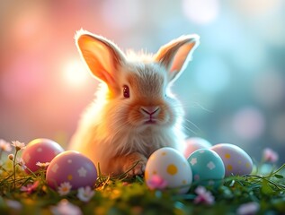 Adorable fluffy Easter bunny sat next to colourful painted eggs