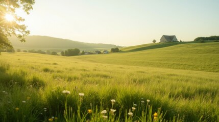 Fototapeta premium Serene Country Landscape with Rolling Hills and a Cozy House at Sunset