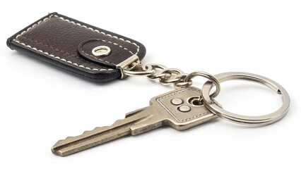 Leather Key Fob with Key on White Background