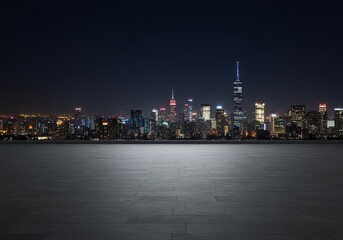 Fototapeta premium empty room with a beautiful city skyline view in the dark