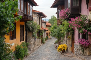 Obraz premium Stone houses with wooden doors and windows line a picturesque cobblestone alley adorned with plants and trees, creating a tranquil and inviting atmosphere