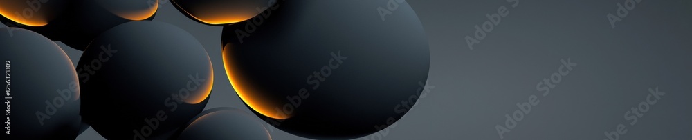 Poster abstract digital art piece with a dark grey background. it features a group of black spheres that ar