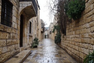 Fototapeta premium Wet cobblestone alleyway stretching through old stone buildings with balconies and plants, creating a tranquil scene