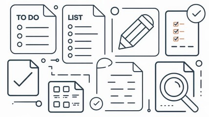 A visually organized workspace featuring to-do lists, a pencil, and a magnifying glass, symbolizing productivity and planning.
