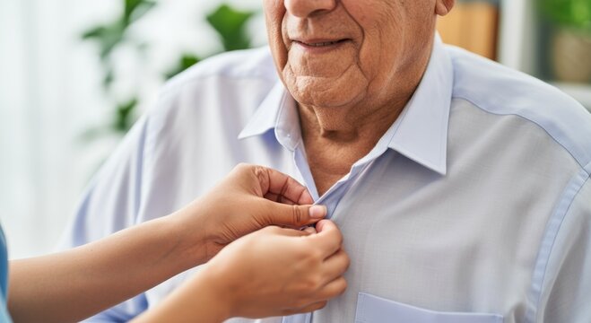 Elderly man receiving assistance with buttoning shirt