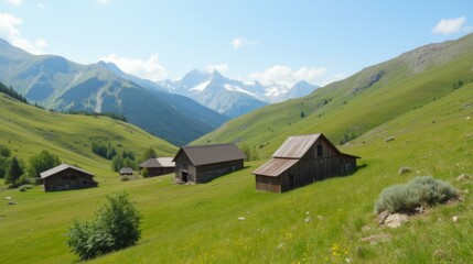 Serene Mountain Landscape with Traditional Barns and Lush Greenery