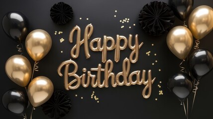 A festive birthday celebration backdrop featuring golden and black balloons with a stylish 'Happy Birthday' message in elegant script.