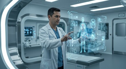 Futuristic doctor using transparent digital screen showing medical data for advanced healthcare technology