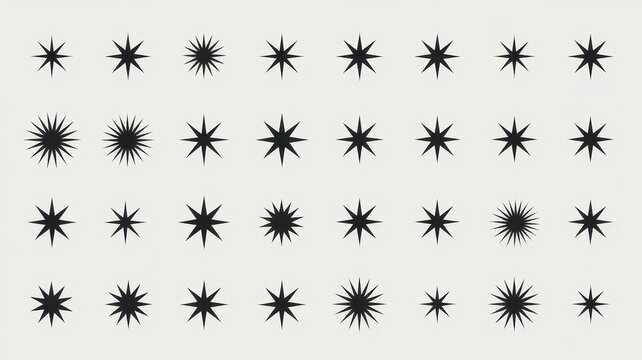 A collection of black starburst shapes arranged in a grid, showcasing various sizes and designs that evoke a sense of dynamism and creativity.