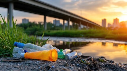 Environmental cleanup event riverbank photography urban close-up pollution awareness