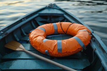 Orange ring buoy and wooden oar lying inside a turquoise rowboat ensure safety on water