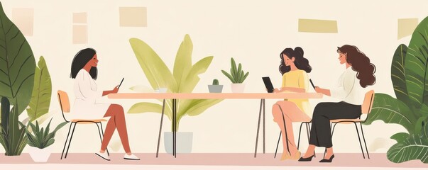 Three women collaborating in modern office with plants